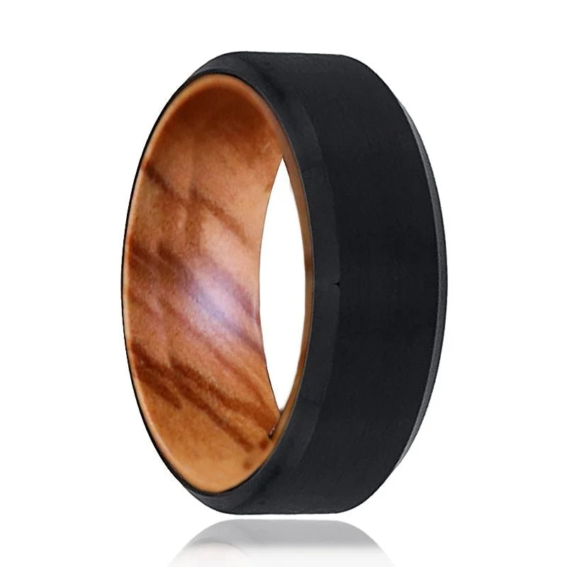 Women’s personalized wedding ring-FASCIA | Olive Wood, Black Tungsten Ring, Brushed, Beveled