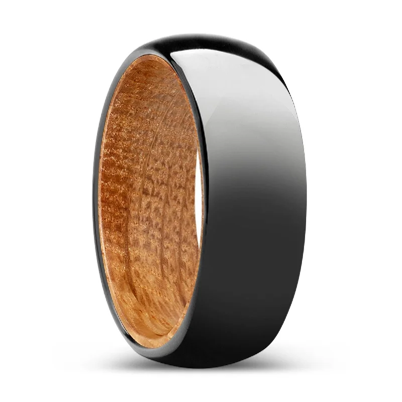 Women’s engagement ring with sapphire-VERDANT | Whiskey Barrel Wood, Black Tungsten Ring, Shiny, Domed