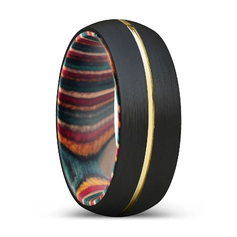 Women’s black diamond ring-ATAXIA | Multi Color Wood, Black Tungsten Ring, Gold Groove, Domed