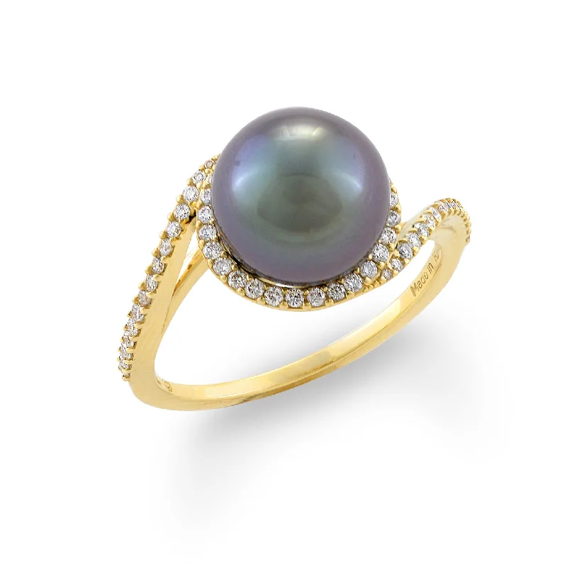 Women’s geometric engagement rings-Halo Bypass Tahitian Black Pearl Ring in Gold with Diamonds - 9-10mm