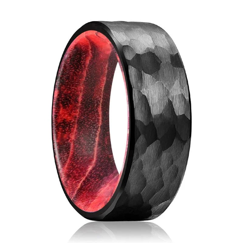 Women’s unique promise ring-VIAN | Black & Red Wood, Black Tungsten Ring, Hammered, Flat