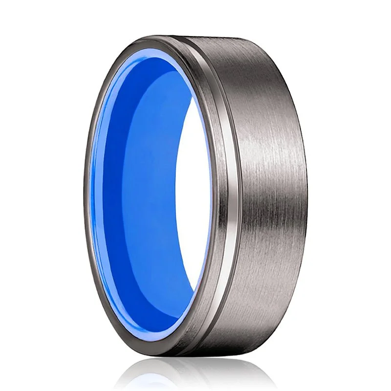 Women’s stackable rings-GENIE | Blue Ring, Gunmetal Tungsten Offset Groove