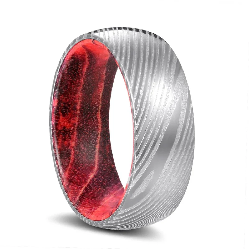 Women’s wedding rings for women-TEMPLAR | Black & Red Wood, Silver Damascus Steel, Domed