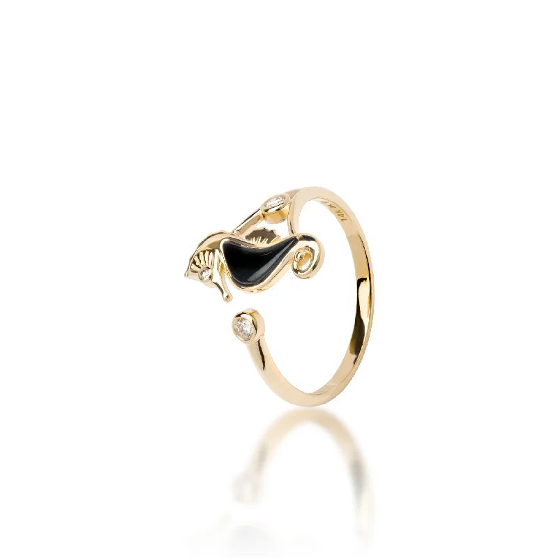 Women’s eternity band engagement rings-Sealife Seahorse Black Coral Ring in Gold with Diamonds - 15mm