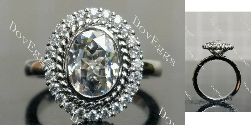 Women’s solitaire diamond engagement rings-Doveggs oval bezel halo moissanite engagement ring