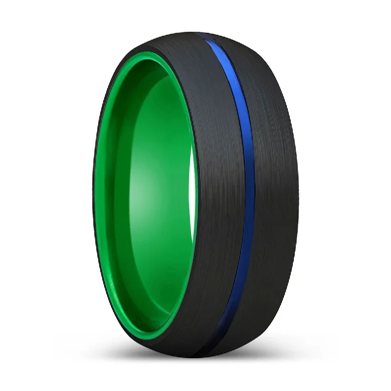 Women’s vintage engagement ring-ARMINIO | Green Ring, Black Tungsten Ring, Blue Groove, Domed