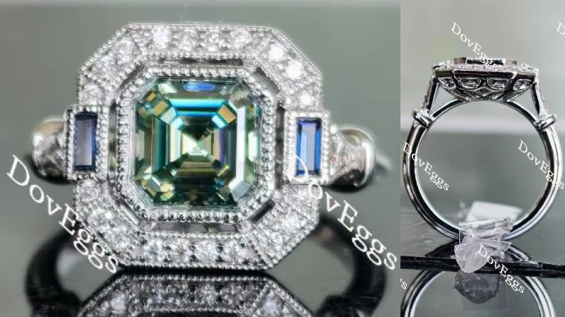 Women’s fine diamond engagement rings-Doveggs peacock blue asscher halo moissanaite & colored gem engagement ring