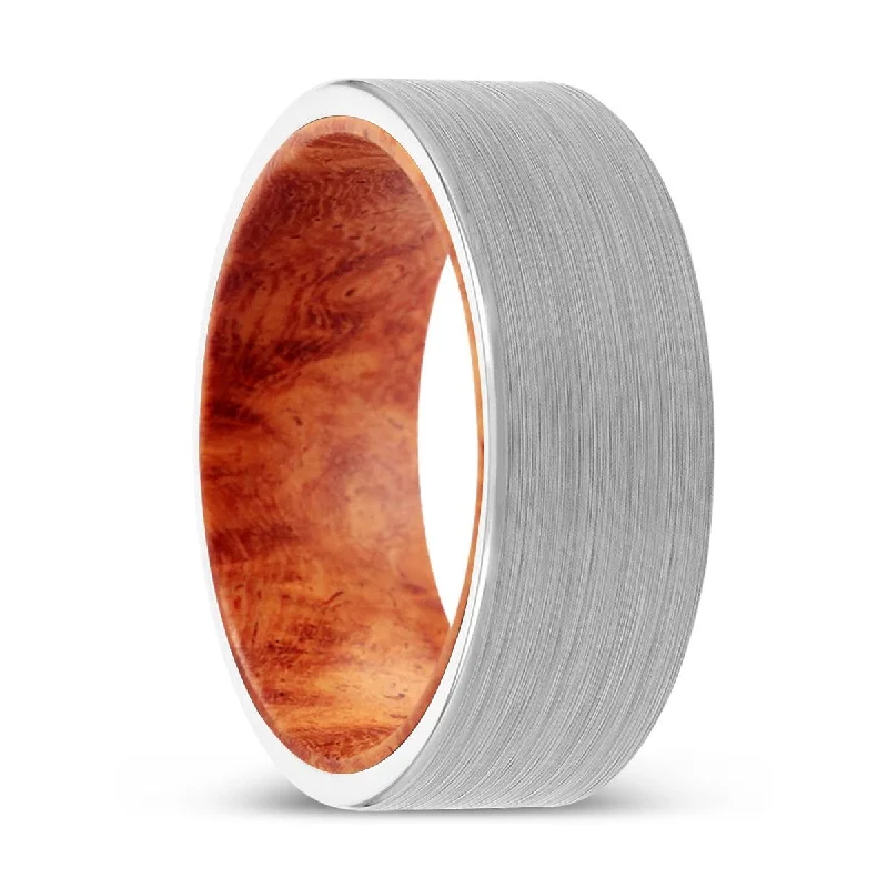 Women’s blue diamond engagement ring-DAWOOD | Red Burl Wood, White Tungsten Ring, Brushed, Flat