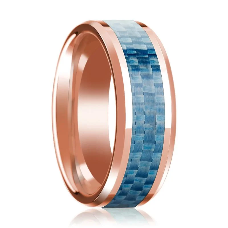 Women’s unique diamond ring-Beveled 14k Rose Gold Wedding Band with Blue Carbon Fiber Inlay & Beveled Edges Polished Finish - 8MM