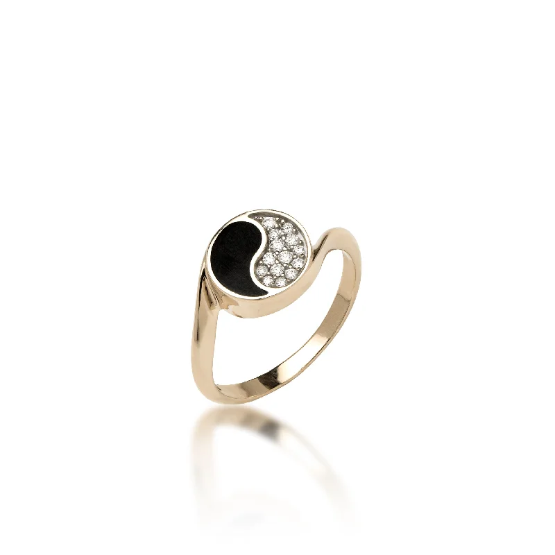 Women’s luxury engagement rings-Yin Yang Black Coral Ring in Gold with Diamonds - 10mm