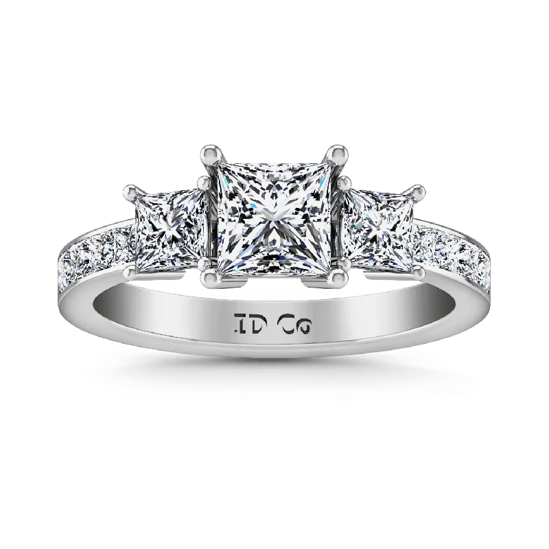 Women’s vintage wedding engagement rings-Three Stone Princess Cut Diamond Engagement Ring Rebecca 14K White Gold