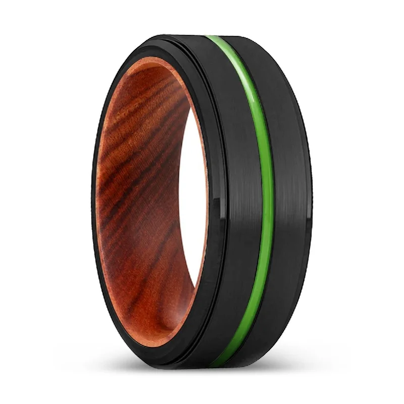 Women’s platinum engagement ring-DENTON | IRON Wood, Black Tungsten Ring, Green Groove, Stepped Edge