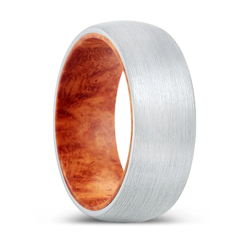 Women’s vintage engagement rings with a twist-CHAOS | Red Burl Wood, White Tungsten Ring, Brushed, Domed