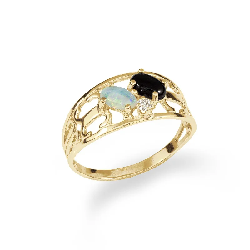 Women’s personalized engagement rings-Black Coral Ring in Gold with Opal and Diamond