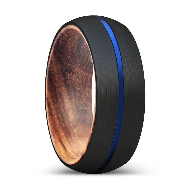 Women’s diamond solitaire ring-MARCELLO | Zebra Wood, Black Tungsten Ring, Blue Groove, Domed