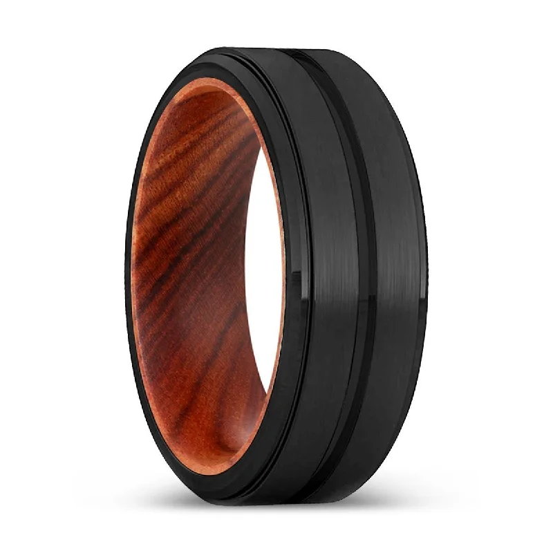 Women’s custom engagement ring-AVERY | Iron Wood, Black Tungsten Ring, Grooved, Stepped Edge