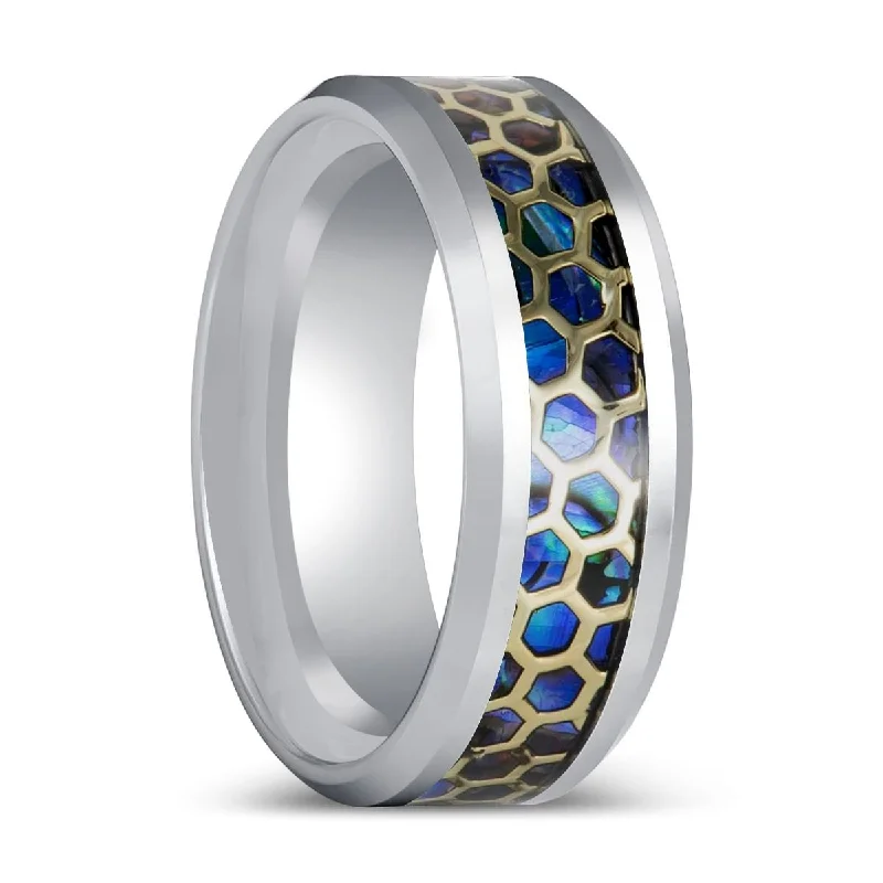 Women’s diamond ring with engraved band-CHAZY | Silver Tungsten Ring with Honeycomb Over Inlay