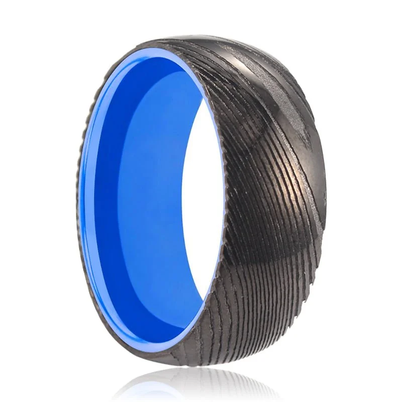 Women’s promise ring-MEGAMIND | Blue Ring, Gunmetal Damascus Steel Ring, Domed