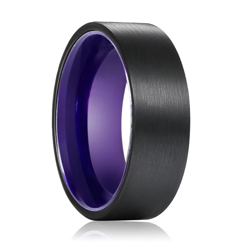 Women’s wedding ring with halo-CROCUS | Purple Ring, Black Flat Brushed Tungsten Ring