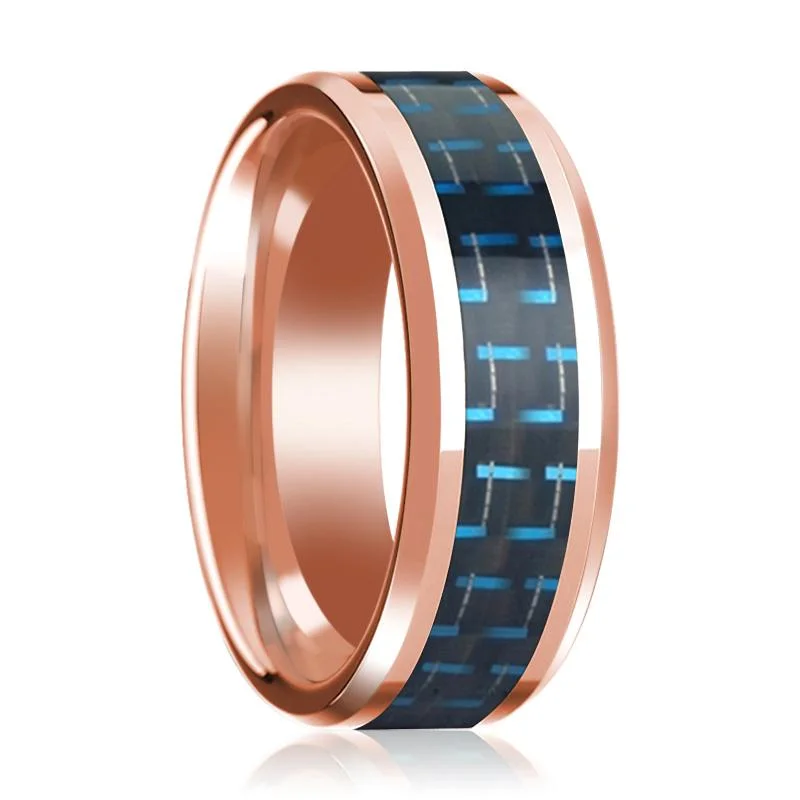 Women’s wedding band for women-Men's 14k Rose Gold Polished Wedding Band with Black & Blue Carbon Fiber Inlay & Bevels - 8MM