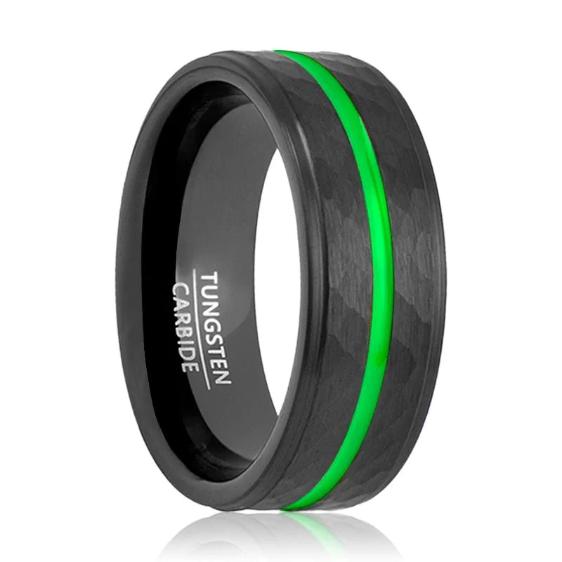 Women’s engagement rings with intricate details-CYCLONE | Black Tungsten Ring, Hammered, Green Groove, Stepped Edge