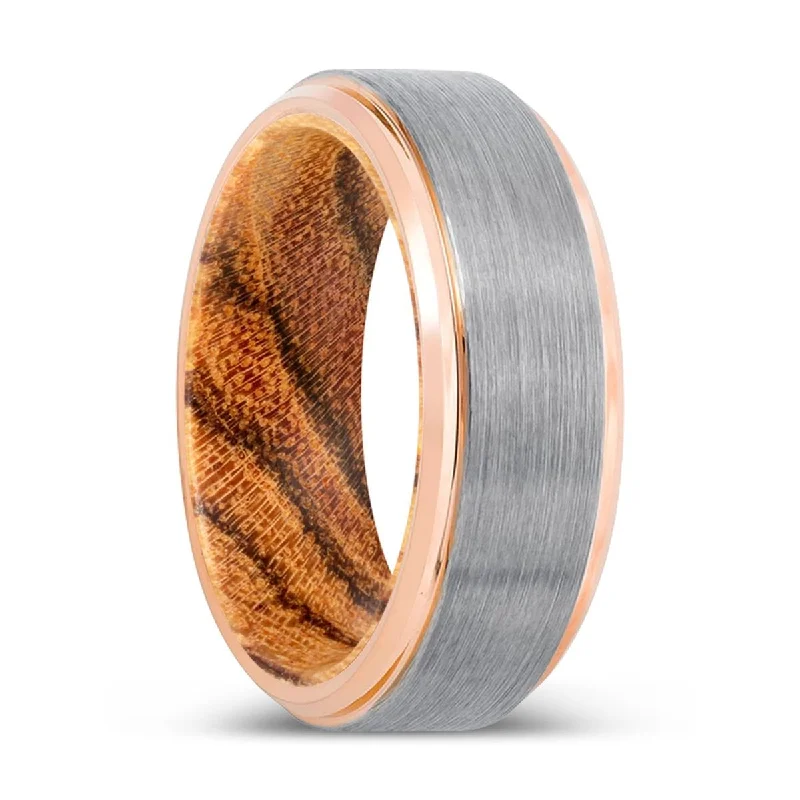 Women’s antique diamond ring-STINGER | Bocote Wood, Silver Tungsten Ring, Brushed, Rose Gold Stepped Edge