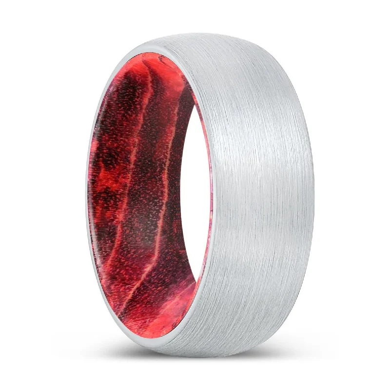 Women’s white gold ring-BRUTE | Black & Red Wood, White Tungsten Ring, Brushed, Domed