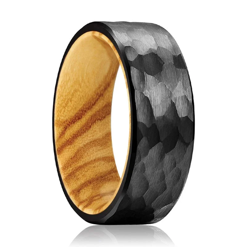 Women’s unique wedding ring-CLEVER | Olive Wood, Black Tungsten Ring, Hammered, Flat