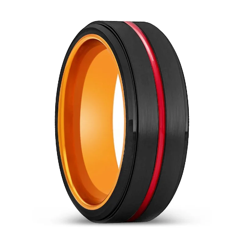 Women’s classic gold ring-BOLMER | Orange Ring, Black Tungsten Ring, Red Groove, Stepped Edge