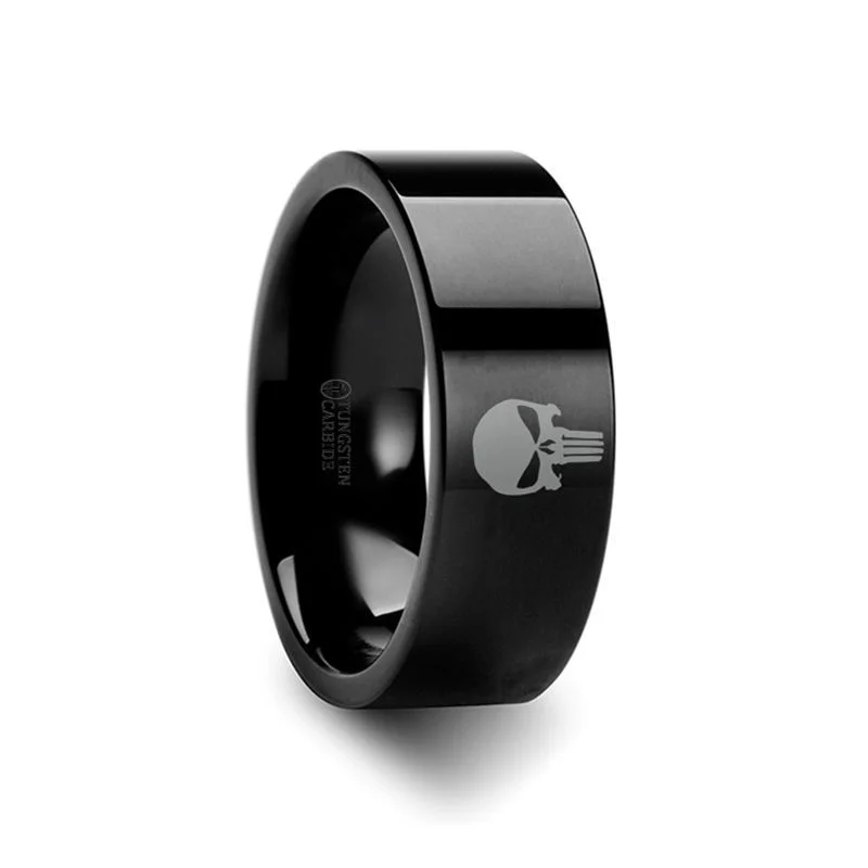 Women’s fashion ring for everyday-Punisher Symbol Super Hero Black Tungsten Engraved Ring Jewelry - 4mm - 8mm