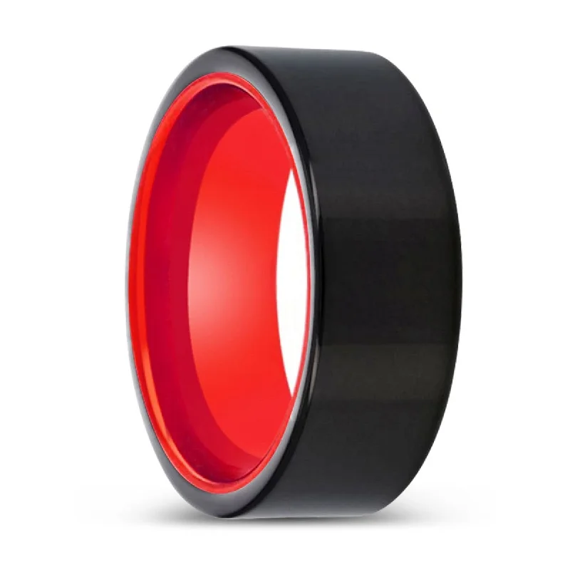 Women’s engagement ring set-SOLORIS | Red Ring, Black Tungsten Ring, Shiny, Flat