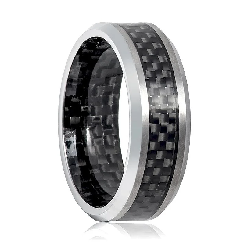 Women’s antique diamond ring-CASSIUS | Silver Tungsten Ring, Carbon Fiber Inlay, Beveled