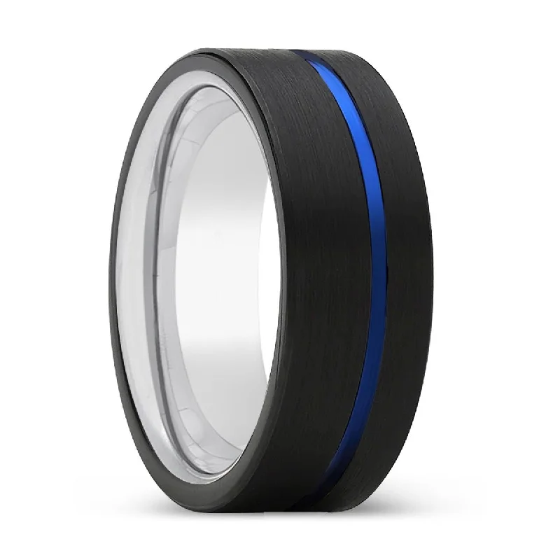 Women’s multi-stone engagement ring-MOMENTO | Silver Ring, Black Tungsten Ring, Blue Offset Groove, Flat