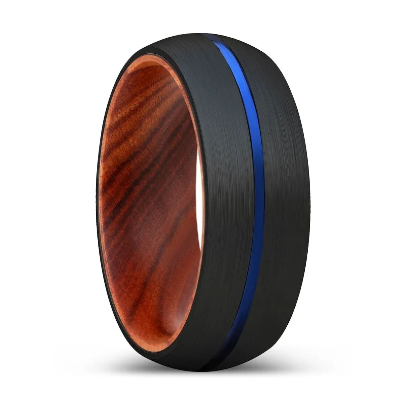 Women’s promise ring-HARVEY | IRON Wood, Black Tungsten Ring, Blue Groove, Domed