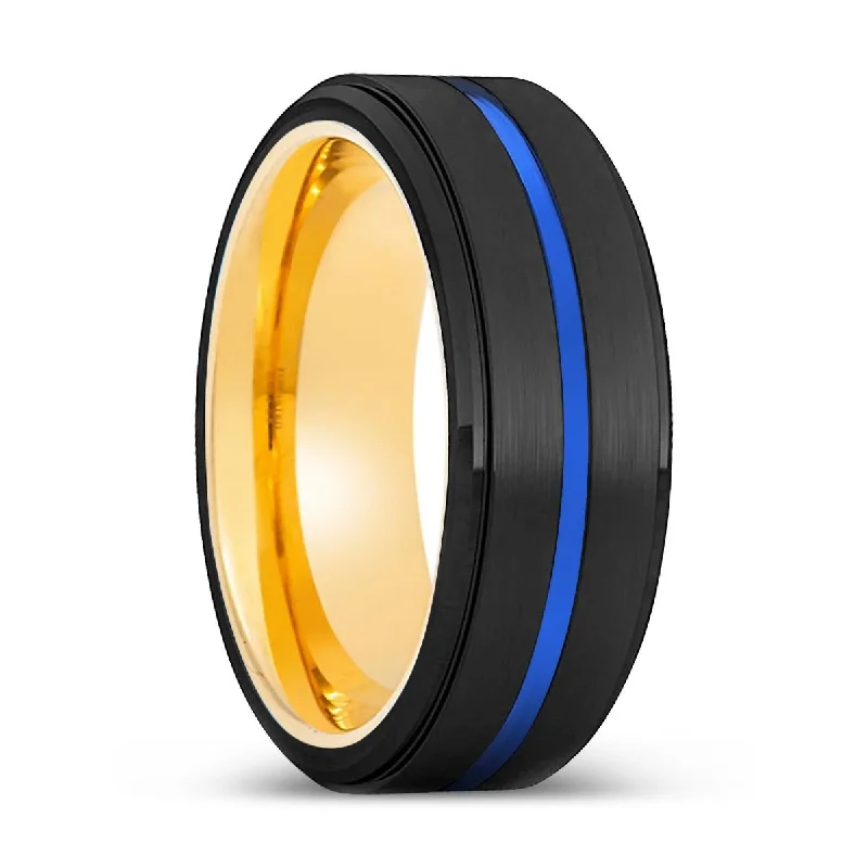 Women’s custom engagement ring-YASH | Gold Ring, Black Tungsten Ring, Blue Groove, Stepped Edge