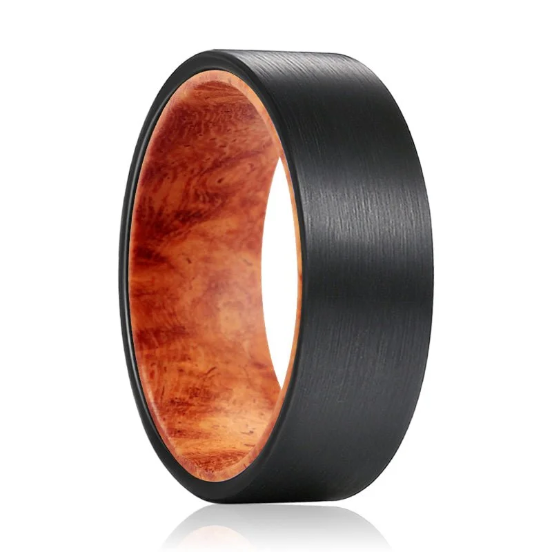 Women’s solitaire wedding ring-MARA | Tungsten Ring Red Burl Wood