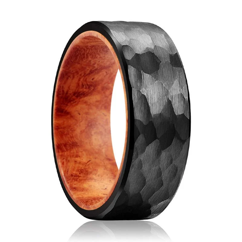 Women’s fashion ring for everyday-GILROY | Red Burl Wood, Black Tungsten Ring, Hammered, Flat