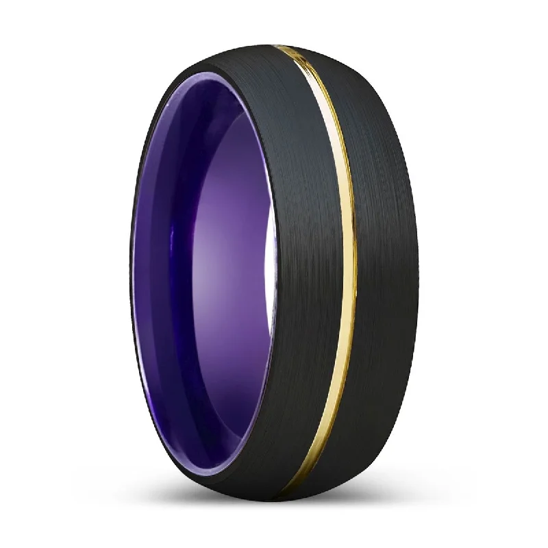 Women’s romantic engagement ring-MARCEL | Purple Ring, Black Tungsten Ring, Gold Groove, Domed