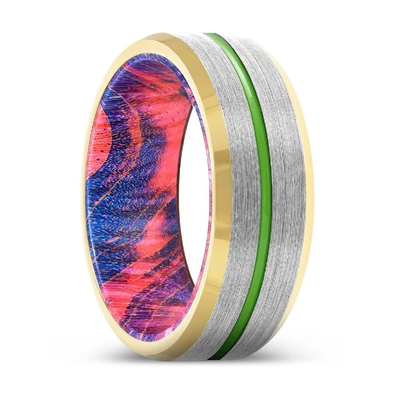 Women’s stackable engagement bands-SAVINO | Blue & Red Wood, Silver Tungsten Ring, Green Groove, Gold Beveled Edge