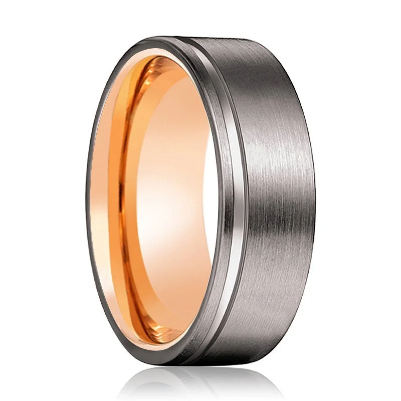 Women’s luxury diamond engagement ring-OCTOBER | Rose Gold Ring, Gunmetal Tungsten Offset Groove