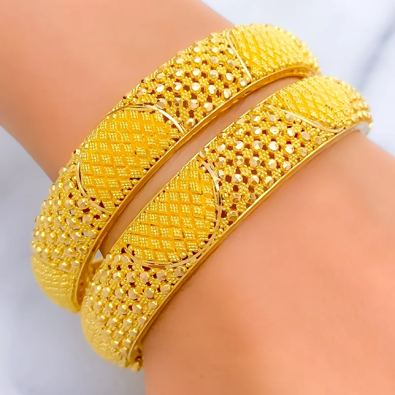 Women’s ethnic bracelet-Luminous Signature 22k Gold Checkered Bangle Pair