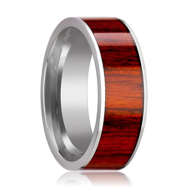 Women’s fashion engagement ring-CLAYMORE | Silver Tungsten Ring, Exotic Padauk Wood Inlay, Flat