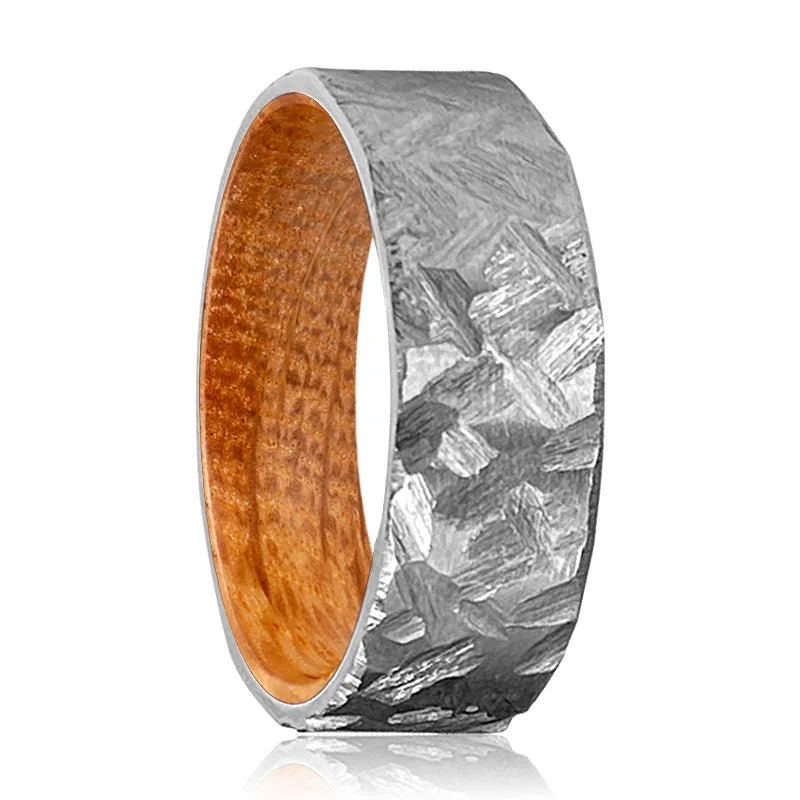 Women’s modern engagement ring-DUNHILL | Whiskey Barrel Wood, Silver Titanium Ring, Hammered, Flat