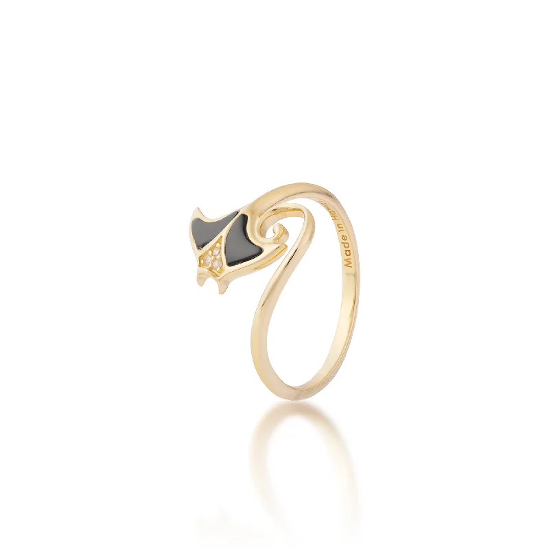 Women’s affordable engagement rings-Sealife Manta Ray Black Coral Ring in Gold with Diamonds - 12mm