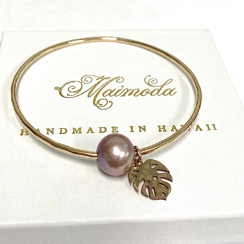 Women’s elegant tennis bracelet-Monstera bangle - pink Edison pearl (B533)