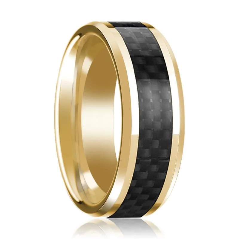 Women’s elegant diamond ring-Men's Polished 14k Yellow Gold Wedding Ring with Black Carbon Fiber Inlay & Beveled Edges - 8MM