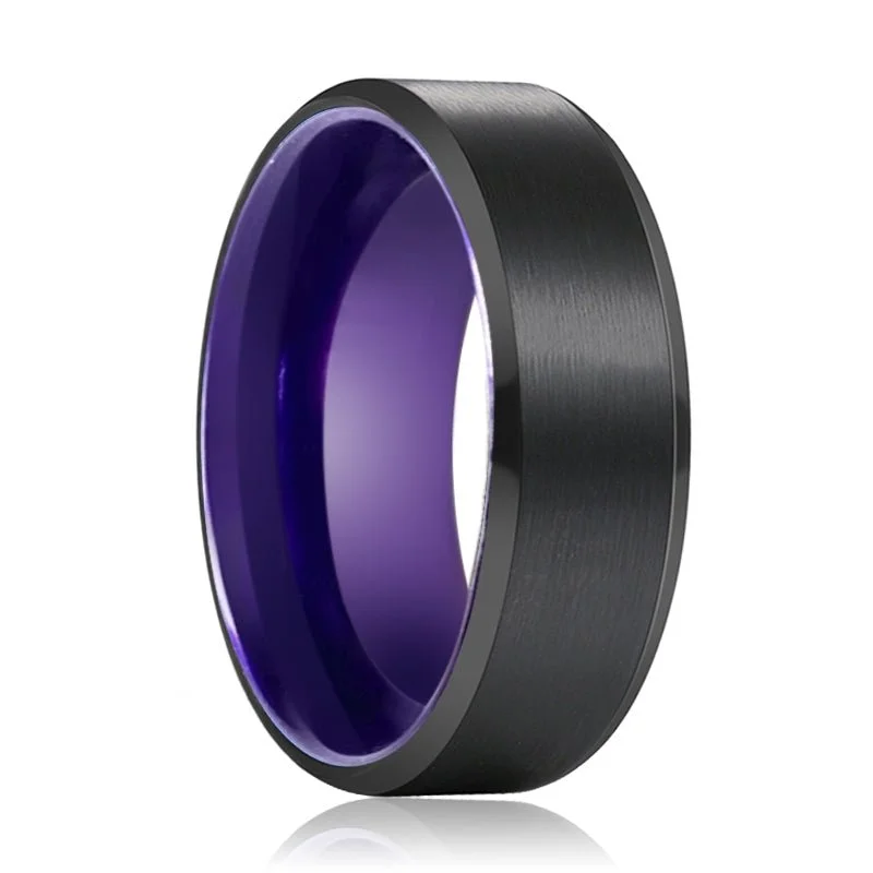 Women’s unique diamond ring-CLEMATIS | Purple Ring, Black Tungsten Ring, Brushed, Beveled