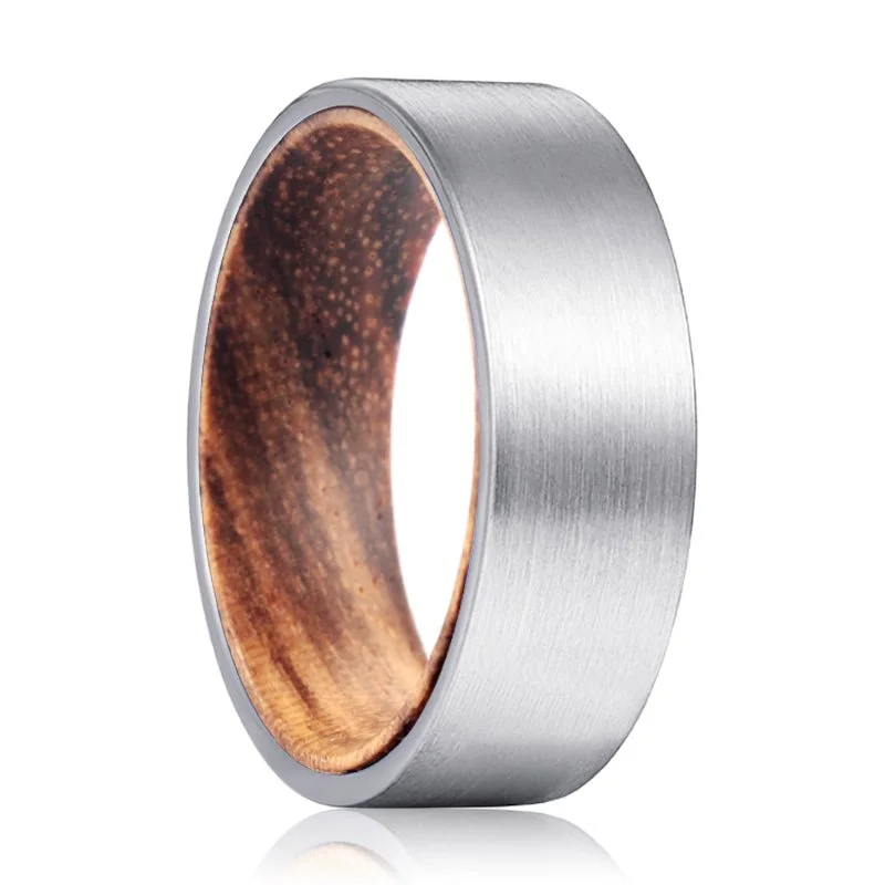 Women’s silver wedding ring-ESCOTT | Zebra Wood, Silver Tungsten Ring, Brushed, Flat