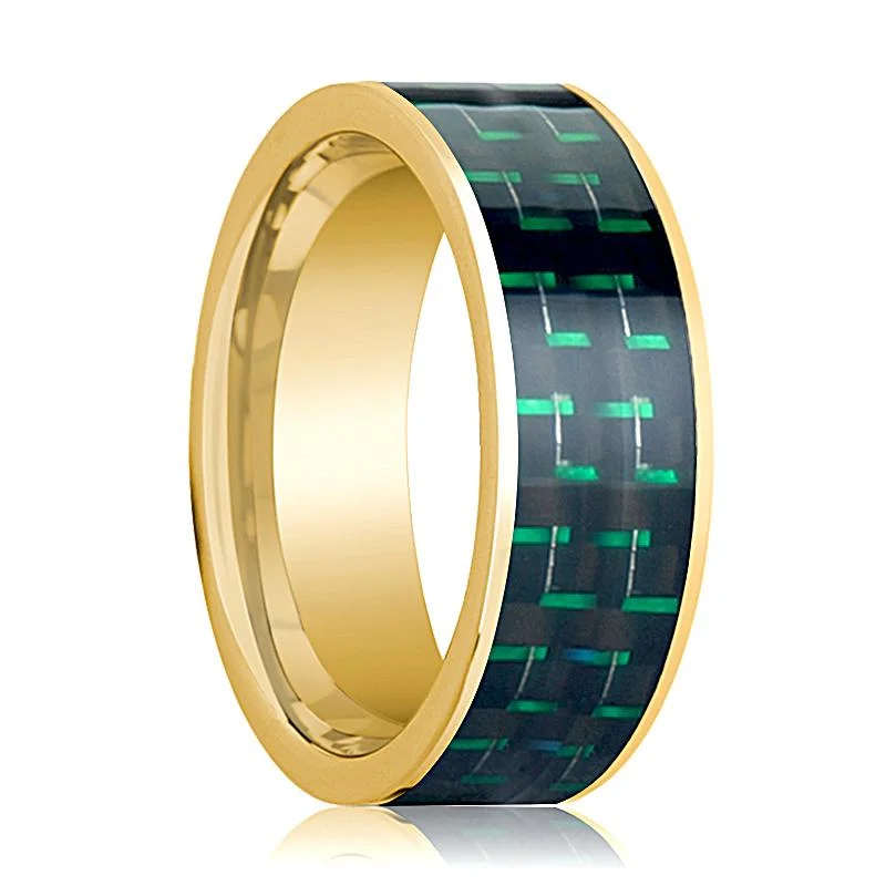 Women’s stackable engagement bands-Black and Greene Carbon Fiber Inlaid Flat 14k Yellow Gold Men's Wedding Band Polished - 8MM