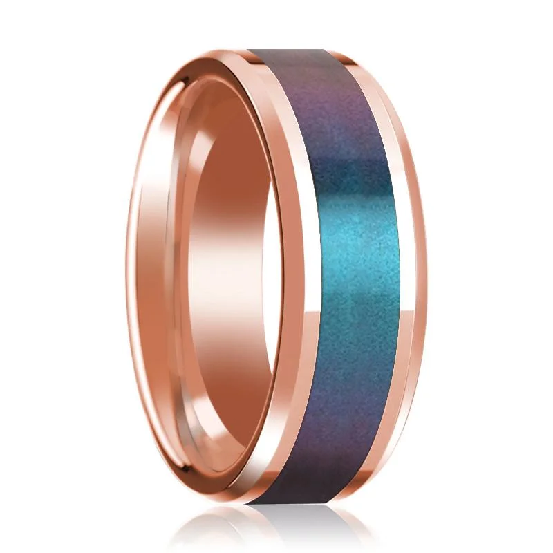 Women’s classic gold ring-Blue and Purple Color Changing Inlaid 14k Rose Gold Wedding band for Men with Beveled Edges Polished Finish - 8MM